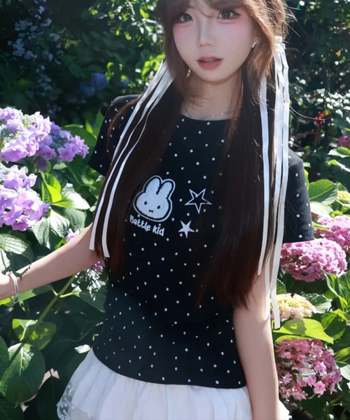 AsheKsha tシャツ 半袖 かわいい刺繍のウサギと水玉柄のラウンドネック