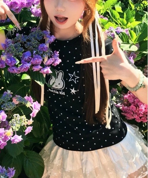 AsheKsha tシャツ 半袖 かわいい刺繍のウサギと水玉柄のラウンドネック
