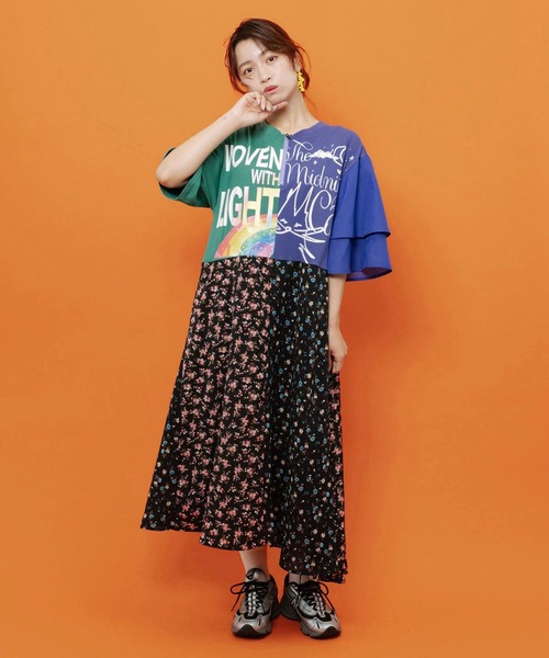 【scolar】配色×花柄異素材切替アシメワンピース ScoLar（スカラー） ワンピース 配色×花柄 異素材切替アシメワンピース