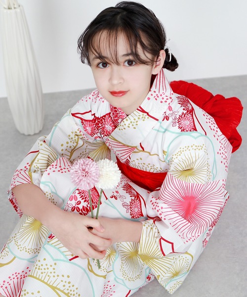 浴衣 簡単着付け セパレート 浴衣 女の子 2点セット( セパレート浴衣 + 帯 ) キッズ 子供 女の子の画像