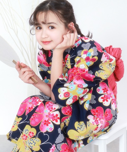 浴衣 簡単着付け セパレート 浴衣 女の子 2点セット( セパレート浴衣 + 帯 ) キッズ 子供 女の子の画像