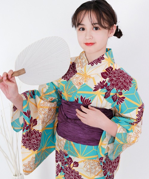 浴衣 簡単着付け セパレート 浴衣 女の子 2点セット( セパレート浴衣 + 帯 ) キッズ 子供 女の子の画像