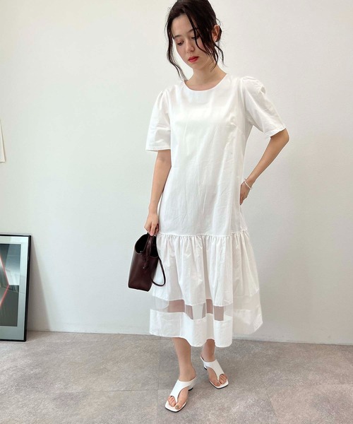 MaxMara ワンピース　半袖　切替　フリル　ベルト　シアー　ロング　M toucher du brise（トゥシェドブリーズ） ワンピース 半袖 裾切替