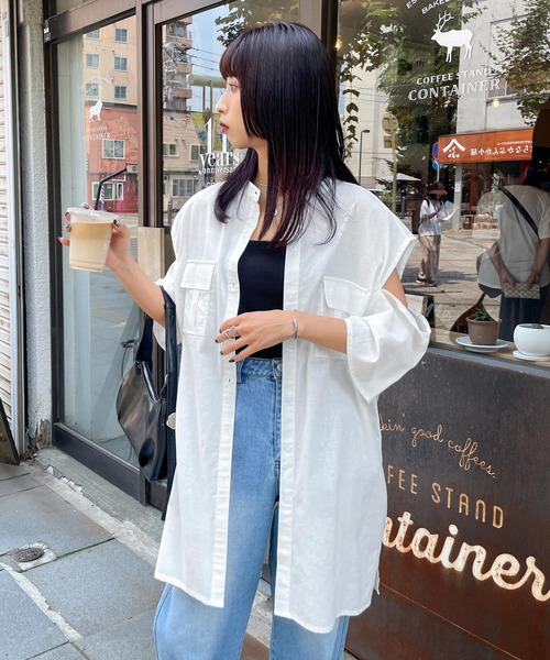 ブラウス シャツ 肩開きポケットノーカラーシャツ レディース