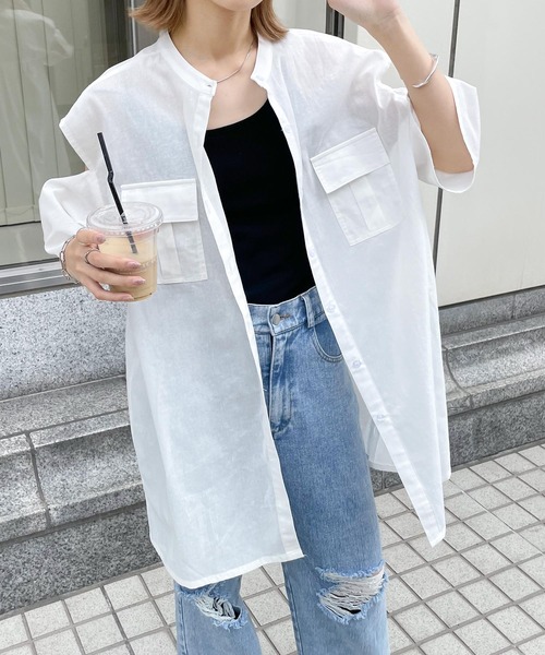 ブラウス シャツ 半袖 肩開きポケットノーカラーシャツ レディース