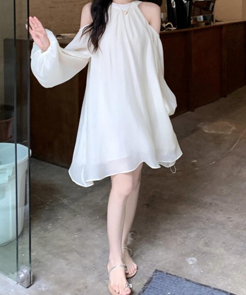 韓国オフショルダーバックリボンワンピース MAISON DE THERESE ワンピース オフショルダー バック紐リボン
