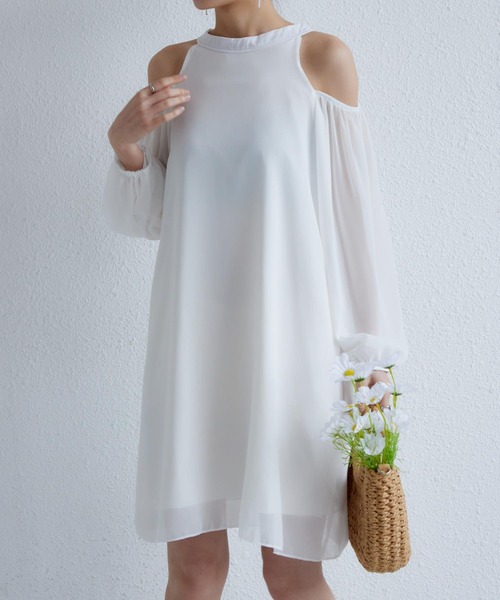 an リボン オフショルダー シフォンドレス MAISON DE THERESE ワンピース オフショルダー バック紐リボン