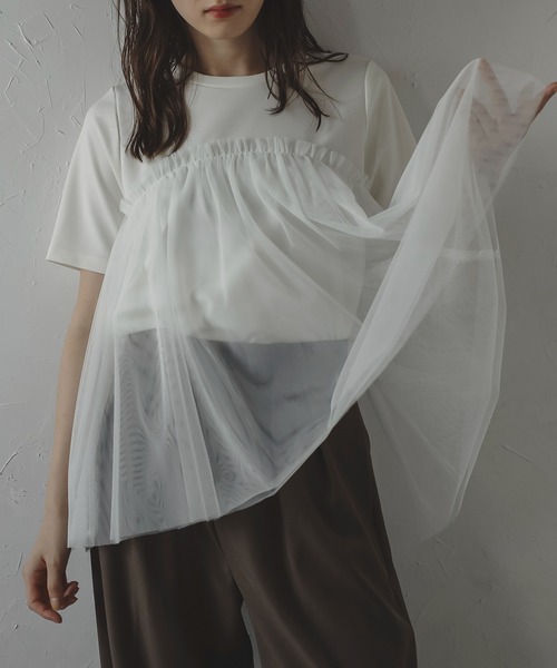 MINERTE tシャツ 半袖 「MINERTE」tulle T-shirt / チュール切り替えT