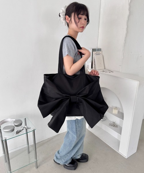 Loueme トートバッグ ファスナー開閉リボントートバッグ「大容量