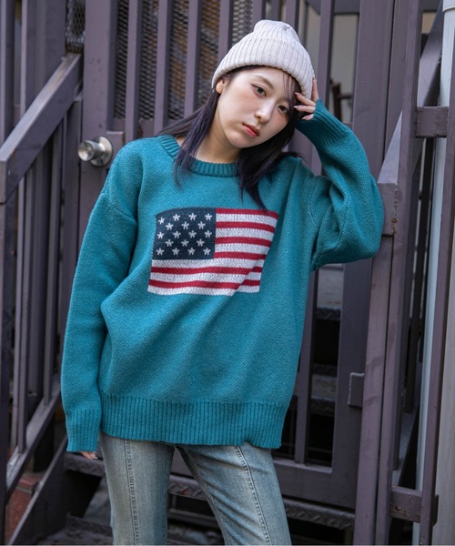 ニット セーター 「USAフラッグ×オーバーシルエット」レディース 主役