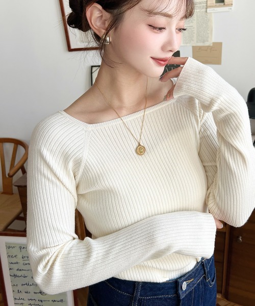 argue ネックレスとリブニット moment+ ニット セーター 12Gスクエアネックリブニットプルオーバー