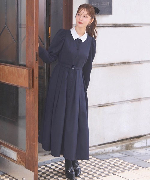Swingle ワンピース バイカラー衿パイピングタックフレアシャツ 