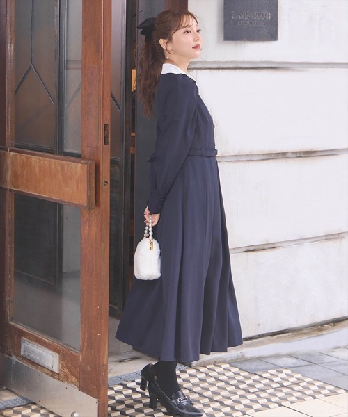 Swingle ワンピース バイカラー衿パイピングタックフレアシャツ 
