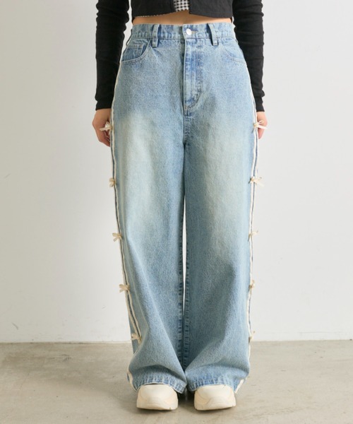 OLIVE des パンツ サイドラインリボンデニムパンツ レディース