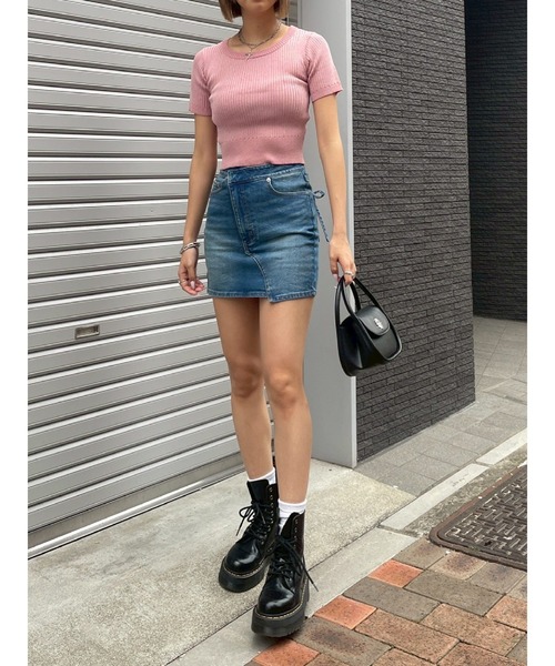 新品♡EVRIS デニムミニスカート 値下げしました！ EVRIS デニムスカート クロスウエストリボンデニムミニスカート