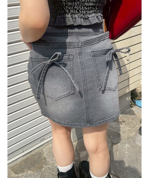 evisu デニムミニスカート EVRIS デニムスカート クロスウエストリボンデニムミニスカート