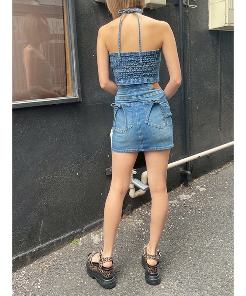 新品♡EVRIS デニムミニスカート 値下げしました！ EVRIS デニムスカート クロスウエストリボンデニムミニスカート