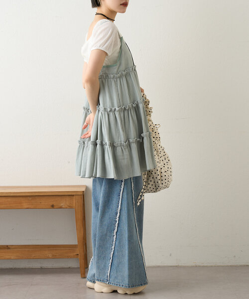 【関税込み】Chloe ピンク ティアードスリーブ ミニワンピース ティアードロングワンピース(2colors)（ピンク・青）春/夏 夏の