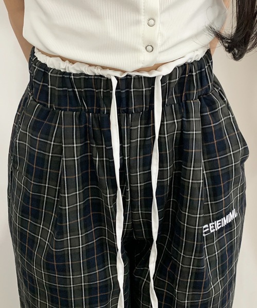 ワイドパンツ スラックス パンツ ワンポイントダブルウエストチェック