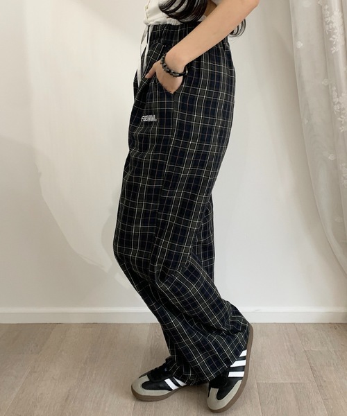 ワイドパンツ スラックス パンツ ワンポイントダブルウエストチェック