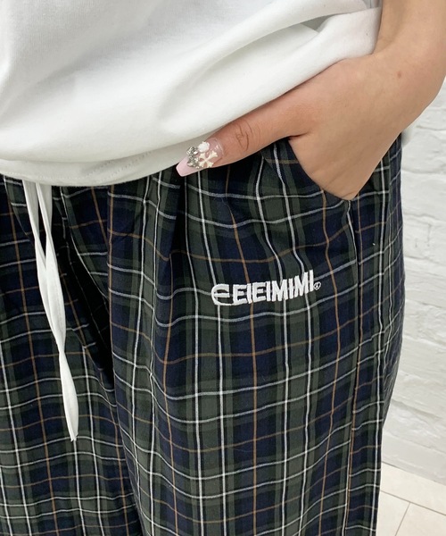ワイドパンツ スラックス パンツ ワンポイントダブルウエストチェック
