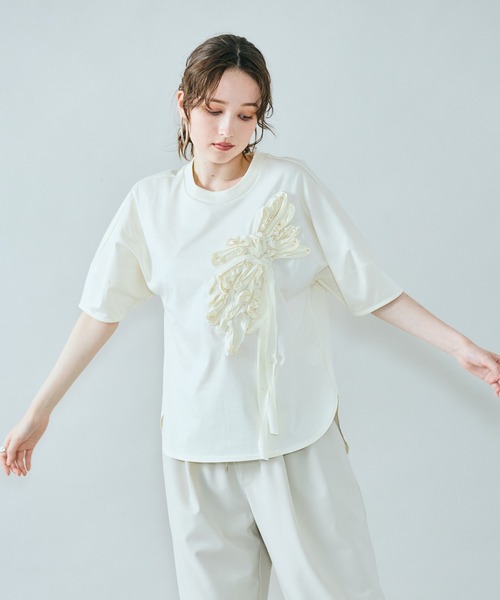tシャツ リボンモチーフ加工カットソー レディース