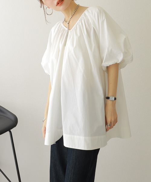 ブラウス シャツ 半袖 cotton volume sleeve blouse /コットンギャザー 