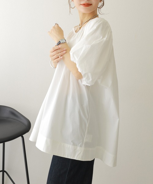 ブラウス シャツ 半袖 cotton volume sleeve blouse /コットンギャザー 