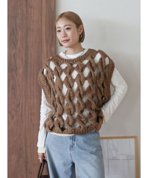 美品　MAYDI マイディ　手編み　ハンドニットデザインベスト　ロング丈 MAYDI マイディ HAND MADE ハンドメイド コットンニット ベスト