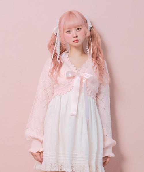 Fiorforte カーディガン ribbon frill knit bolero レディース