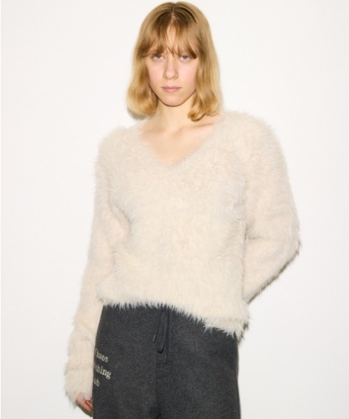 THROW by SLY ニット セーター SHAGGY V/N TUCK PUFF TOPS シャギー V