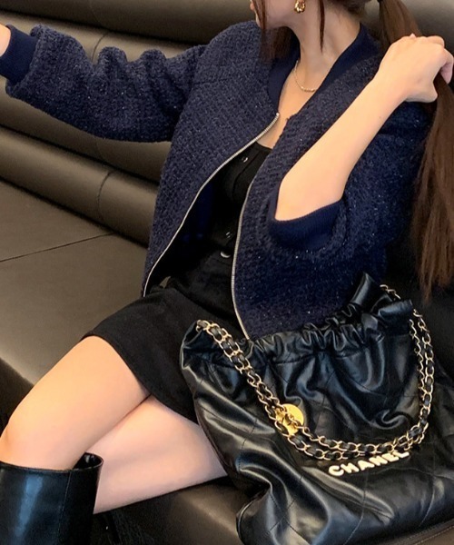 deux amour コート ジャケット ツイード前ジップシングルジャケット