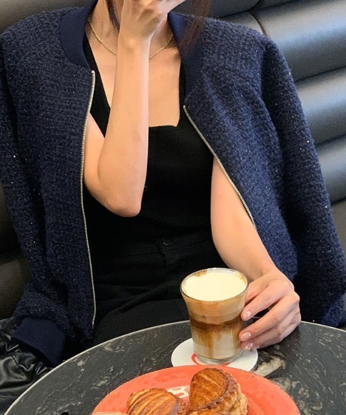 deux amour コート ジャケット ツイード前ジップシングルジャケット