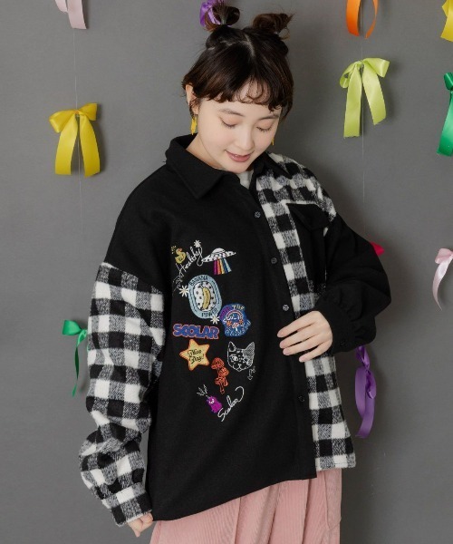 ScoLar（スカラー） ブラウス シャツ POP刺繍×チェック柄シャツ