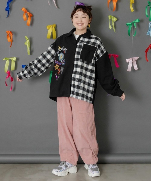 ScoLar（スカラー） ブラウス シャツ POP刺繍×チェック柄シャツ