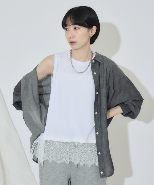 トップス rose Photo ROSES Pink see-through tops (round neck)