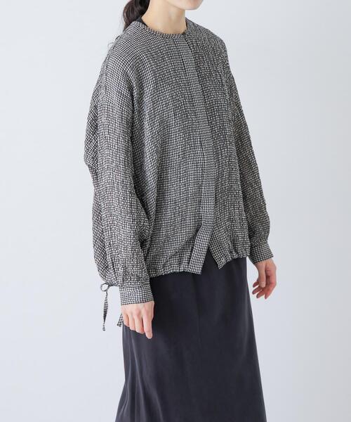 かぐれ ブラウス シャツ リネンレーヨンチェックシャツカーディガン