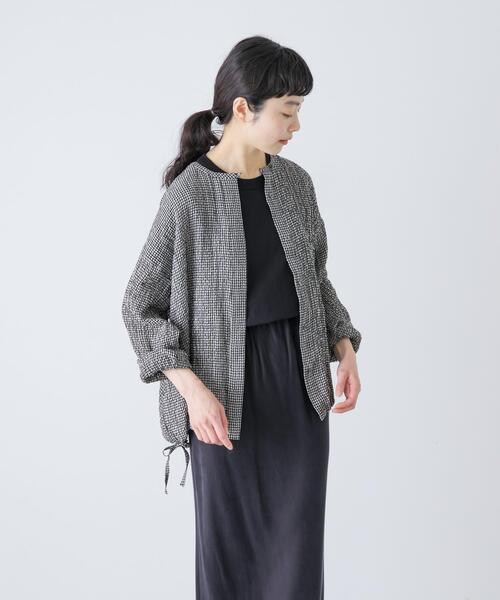 かぐれ ブラウス シャツ リネンレーヨンチェックシャツカーディガン