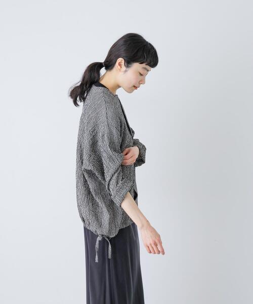 かぐれ ブラウス シャツ リネンレーヨンチェックシャツカーディガン