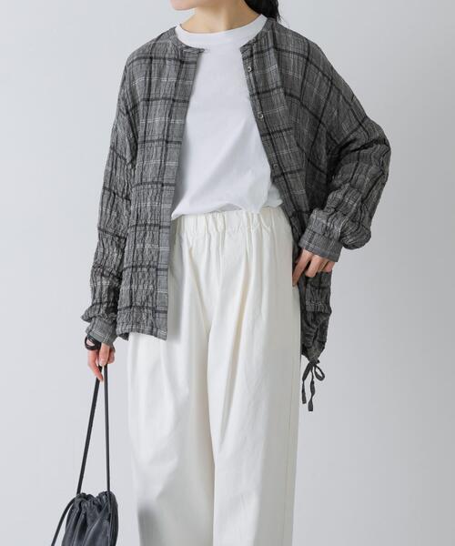 かぐれ ブラウス シャツ リネンレーヨンチェックシャツカーディガン