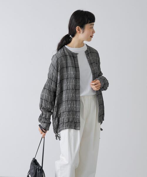 かぐれ ブラウス シャツ リネンレーヨンチェックシャツカーディガン
