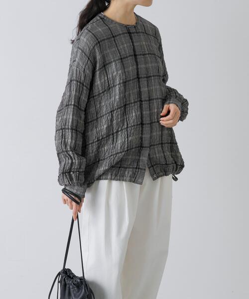 かぐれ ブラウス シャツ リネンレーヨンチェックシャツカーディガン