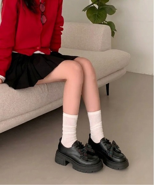 gossip!ロサンゼルス スニーカー 「JK厚底」レトロ チェック柄 リボン 