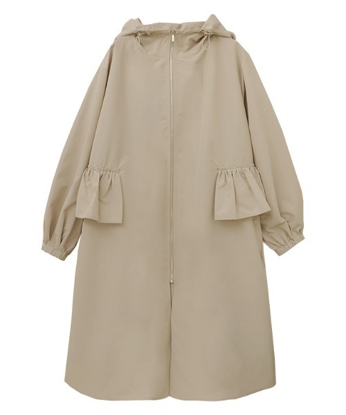 美品　定価13200円　ゆったりフードフリルロングレインコート　ベージュ Pierrot（ピエロ） コート アウター バックフリルレインコート