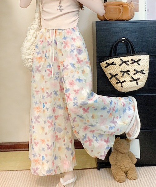 core core ワイドパンツ パンツ 花柄ガウチョパンツ レディース
