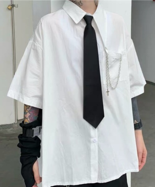 シャツ 半袖 Dark link tie チェーン付きネクタイシャツ メンズ