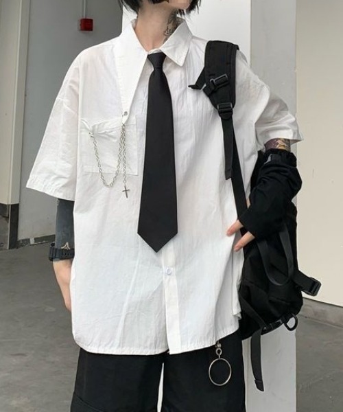 シャツ 半袖 Dark link tie チェーン付きネクタイシャツ メンズ