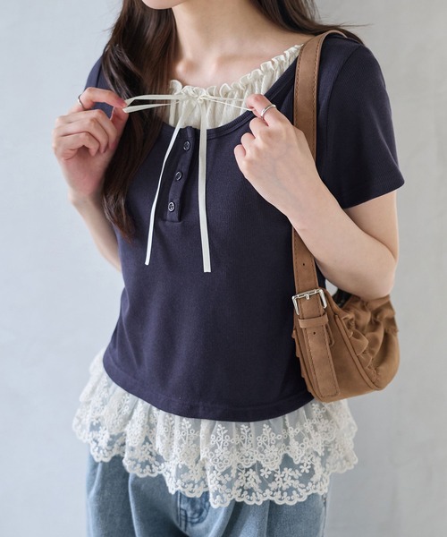 ヘンリーネック tシャツ 半袖 裾ティアードレースフリルレイヤード風