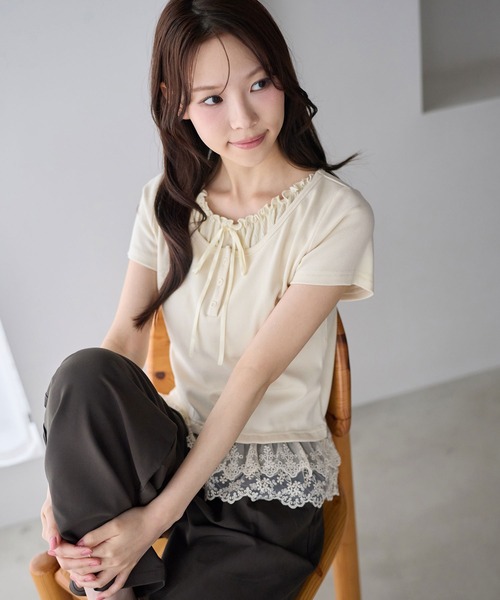 ヘンリーネック tシャツ 半袖 裾ティアードレースフリルレイヤード風