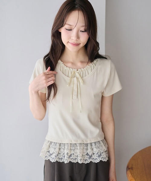 ヘンリーネック tシャツ 半袖 裾ティアードレースフリルレイヤード風